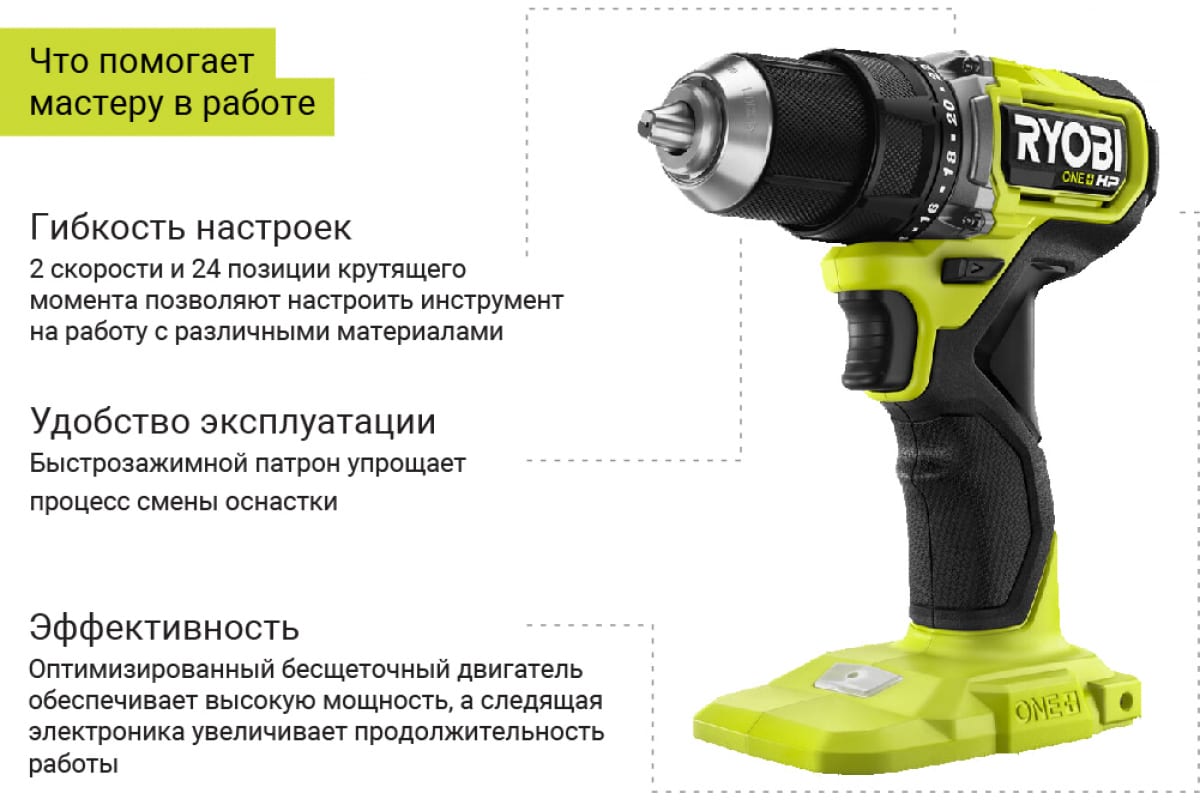 Бесщеточная дрель-шуруповерт Ryobi ONE+ HP RDD18C-220S 5133004980