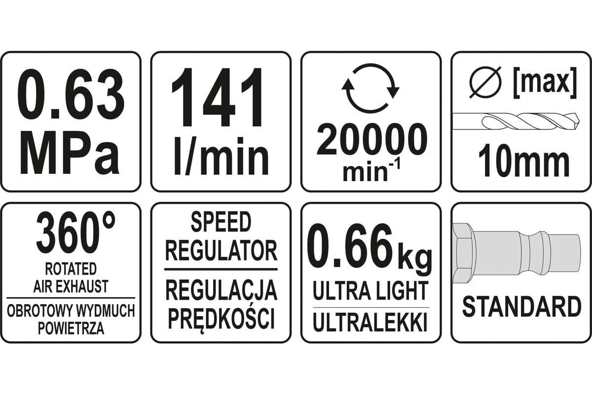 Пневматическая прямая дрель Yato YT-09695