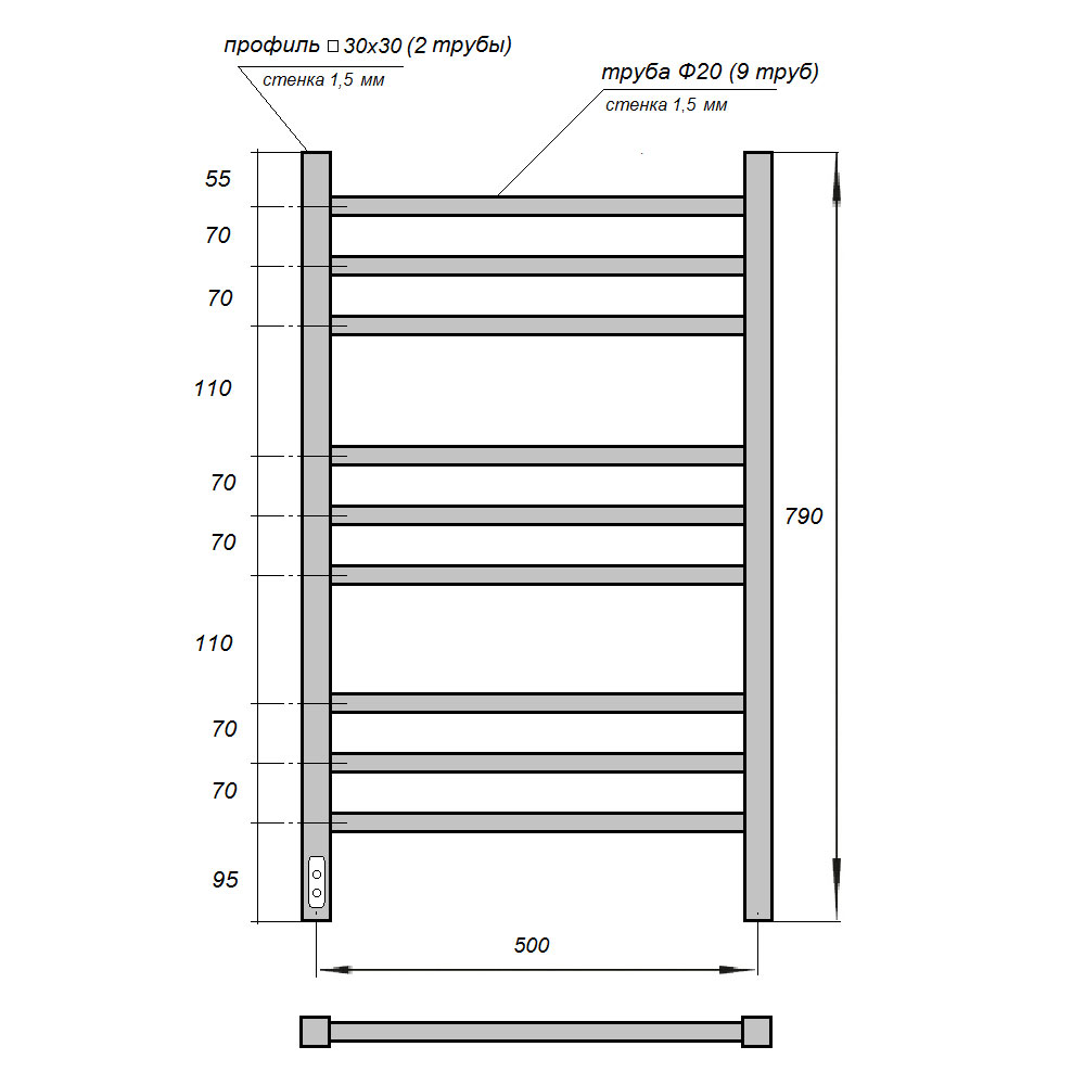 Полотенцесушитель электрический Point Веста PN70758BR П9 50x80 диммер слева, бронза