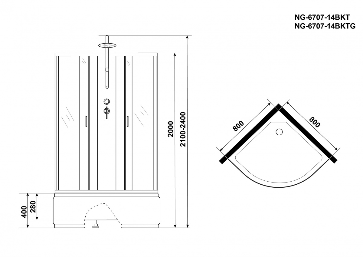 Душевая кабина Niagara NG 6707-14BKT 80x80 стекло прозрачное, профиль черный, без крыши, тропический душ