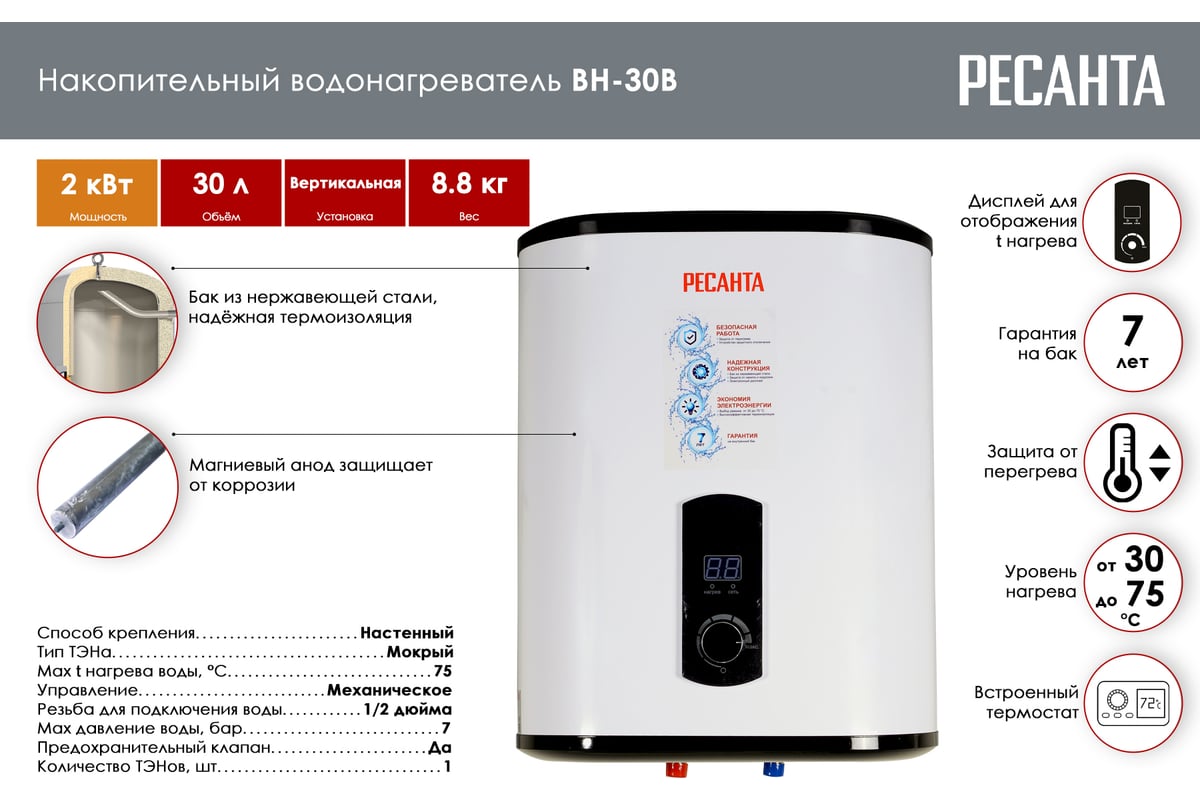 Накопительный водонагреватель Ресанта ВН-30В 74/5/1