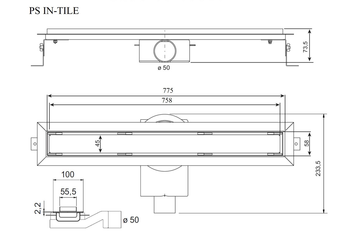 Душевой лоток Plumberia PST In-Tile 80 см, нержавеющая сталь матовая PST80MT