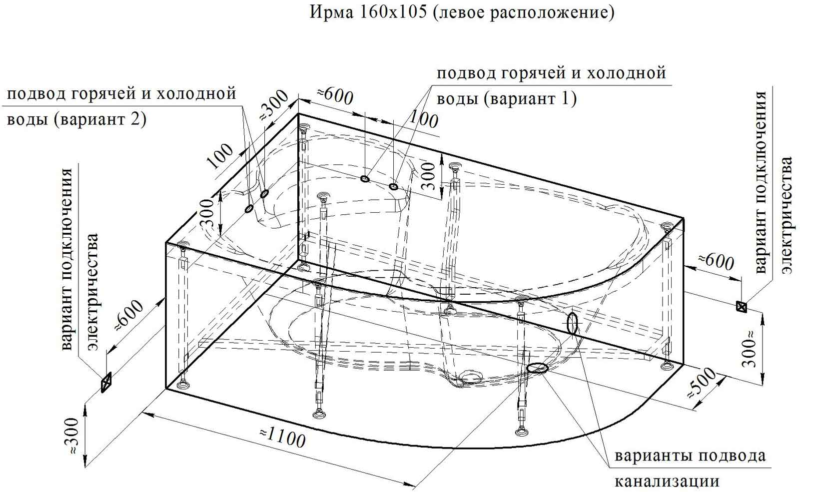 Акриловая ванна Ваннеса Ирма 160х105 с г/м Актив хром, L