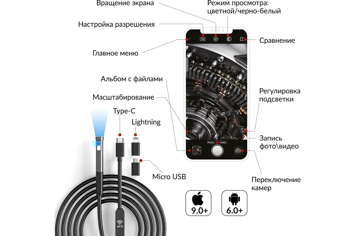 Видеоэндоскоп iCartool USB 2 камеры, 2Мп, 1920x1080, 1м, 7.9 мм зонд IC-V801-2