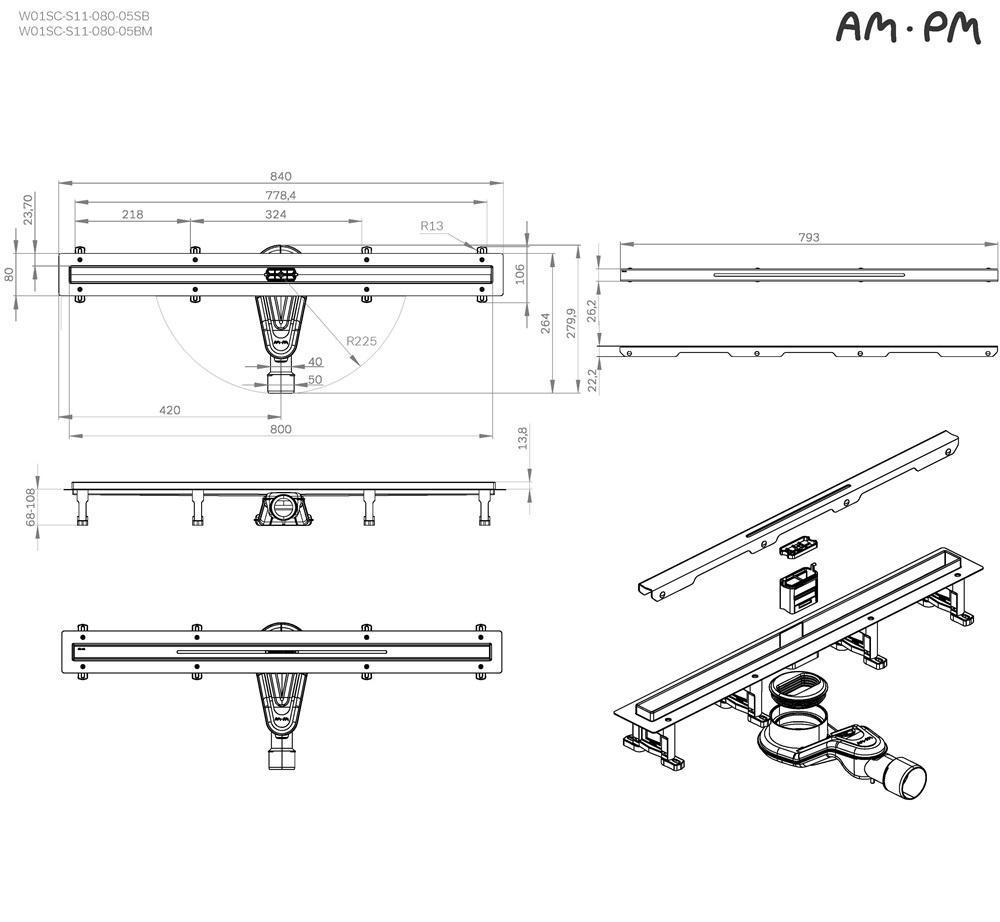 Душевой лоток Am.Pm MasterFlow W01SC-S11-080-05BM 80 см, комб.затвор, решетка Slim Line, черный матовый