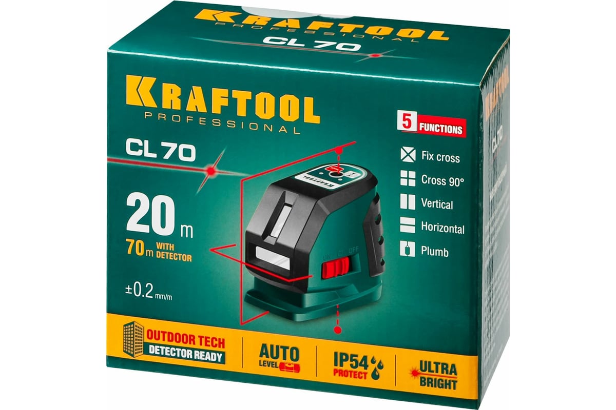 Лазерный линейный нивелир Kraftool CL-70 20м / 70м /детектор/, сверхъяркий IP54 34660