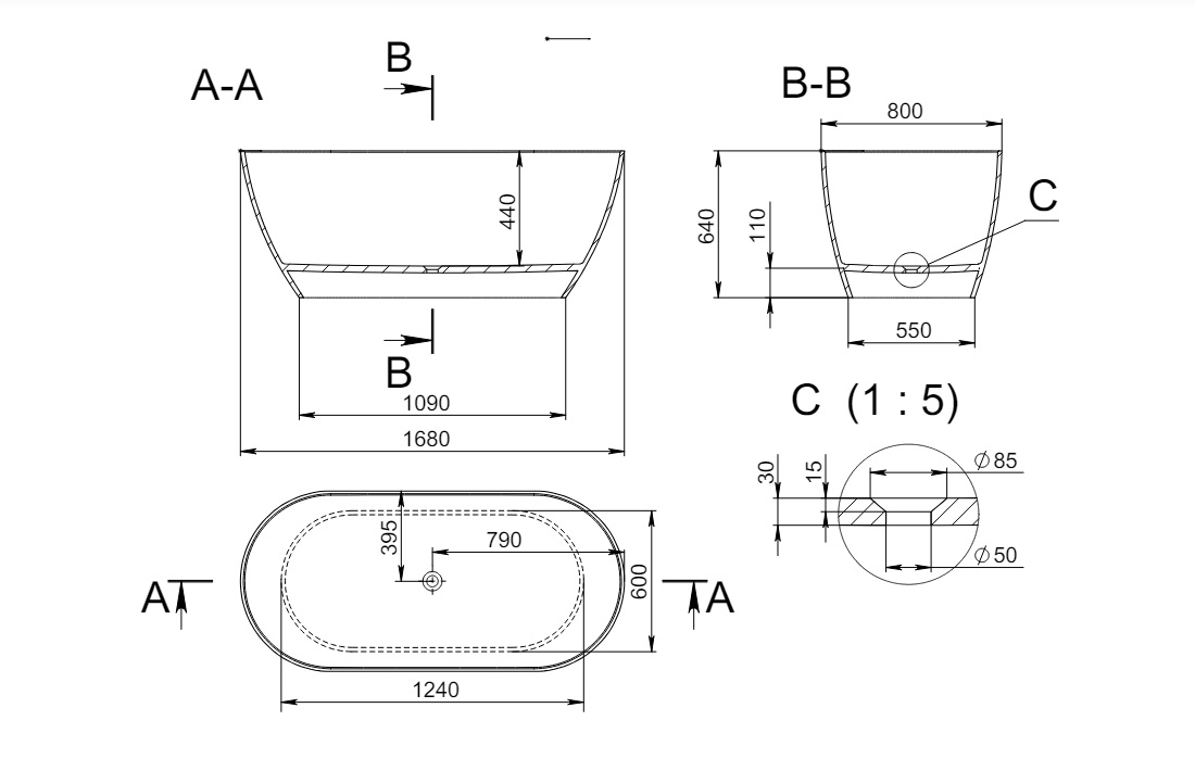 Ванна из искусственного камня Holbi Venus Nano Concrete 168x80 см бетон 2.01.001.44.4