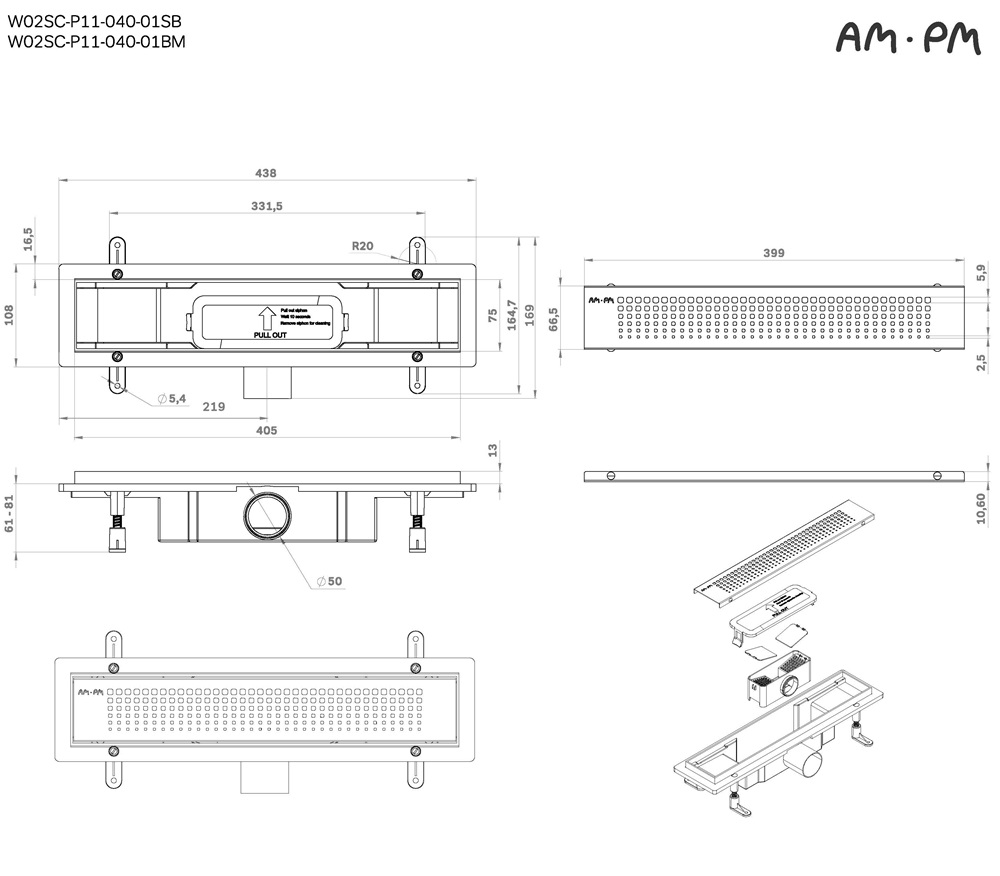 Душевой лоток Am.Pm PrimeFlow W02SC-P11-040-01SB 40 см, комб.затвор, решетка хром матовый