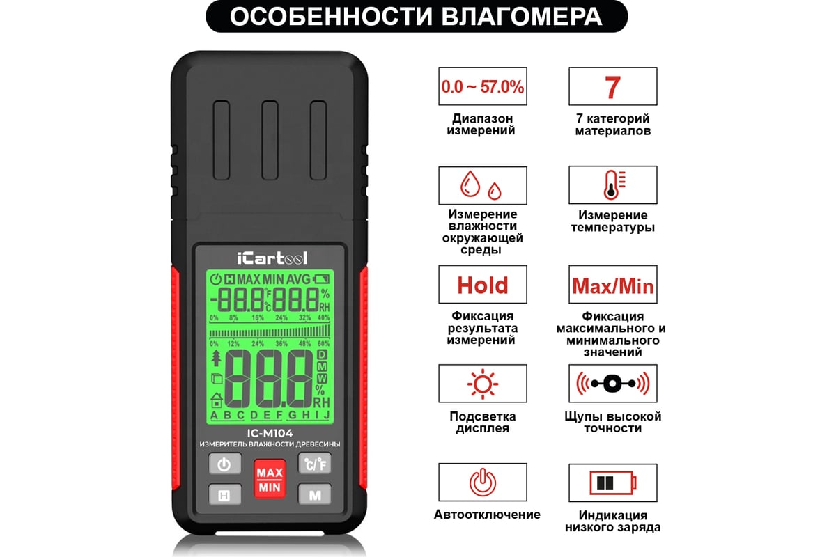 Электронный измеритель влажности древесины iCartool гигрометр IC-M104