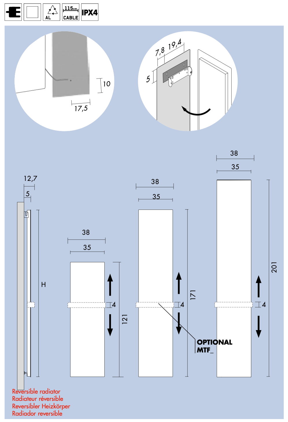 Полотенцесушитель электрический Antrax Tavola Liscia 35x121 белый матовый, ECTVLV121035T/BCOR