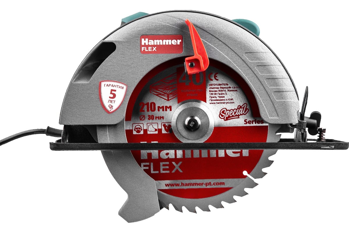 Циркулярная пила Hammer Flex 1800 Вт, 6000 об/мин, 210x30 мм, макс. пропил 70 мм CRP1800/210