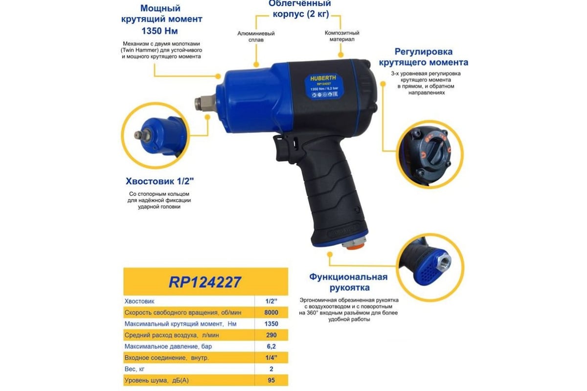 Пневматический ударный гайковерт 1/2" Huberth RP124227