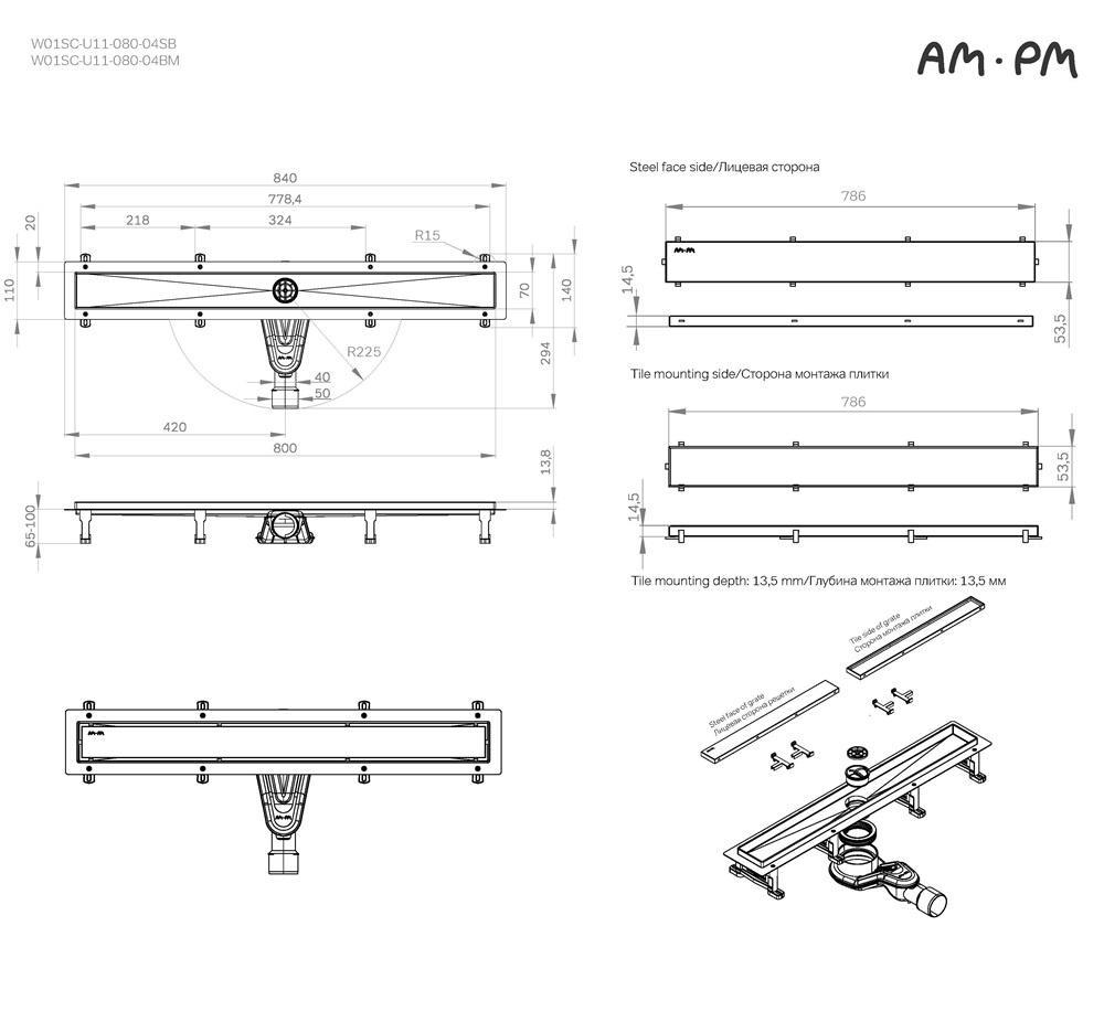 Душевой лоток Am.Pm MasterFlow W01SC-U11-080-04BM 80 см, комб.затвор, решетка под плитку, черный матовый