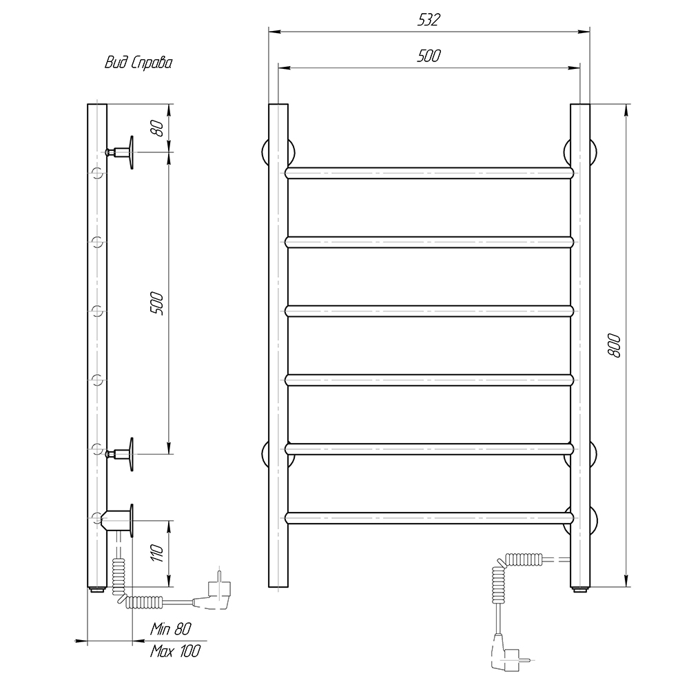 Полотенцесушитель электрический Domoterm Классик DMT 109-6 50x80 EK ТЭН справа, белый