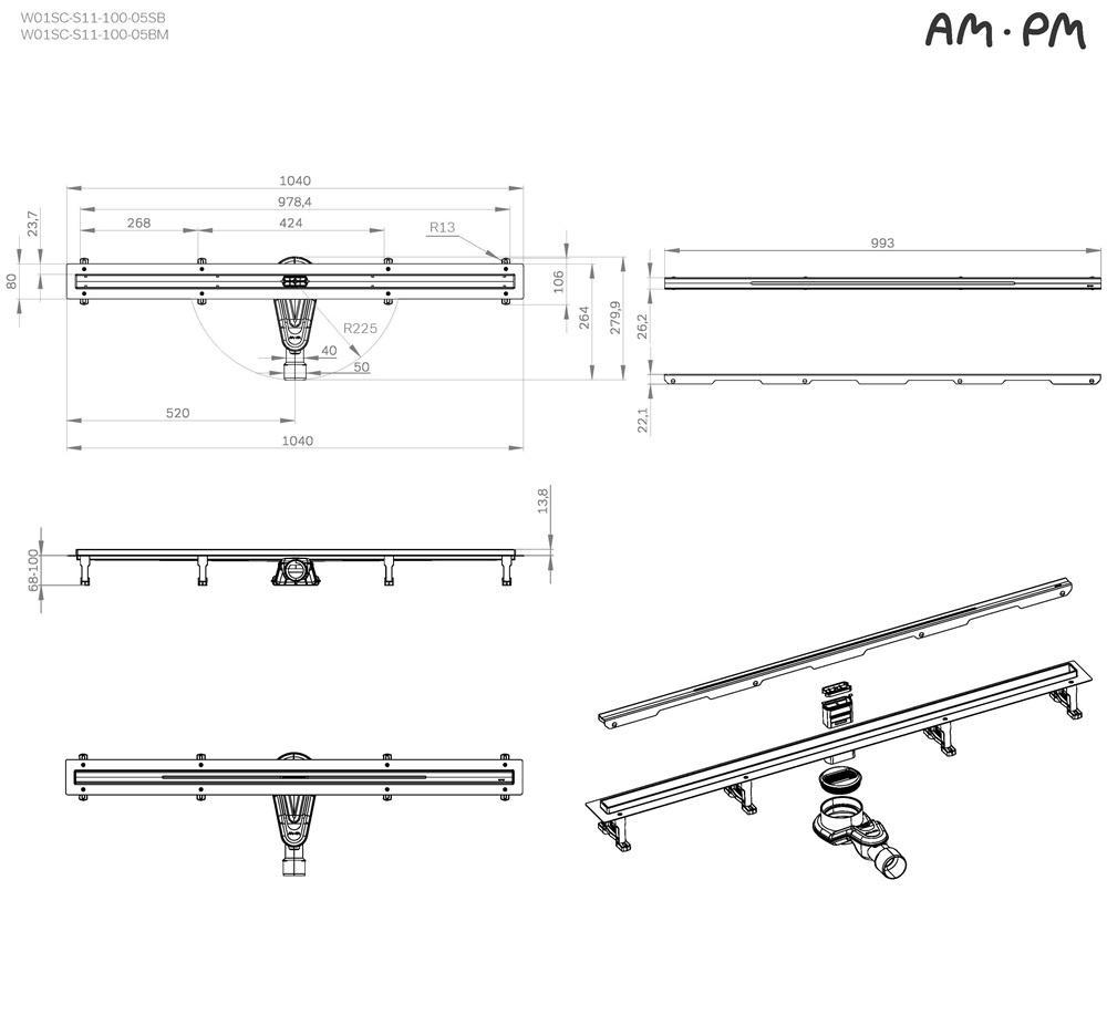 Душевой лоток Am.Pm MasterFlow W01SC-S11-100-05SB 100 см, комб.затвор, решетка Slim Line, хром матовый