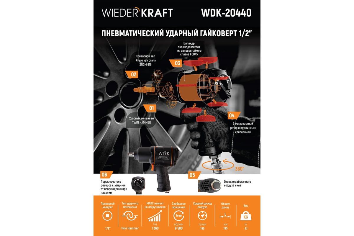 Пневматический ударный гайковерт Wiederkraft WDK-20440