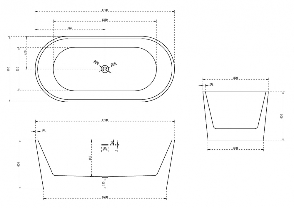 Акриловая ванна Abber AB9209MB 170x80, черный матовый