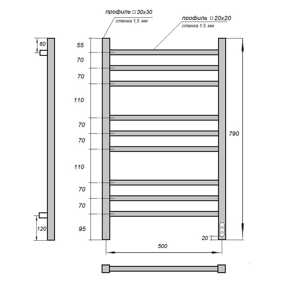 Полотенцесушитель электрический Point Вега PN71858 П9 50x80 диммер справа, хром