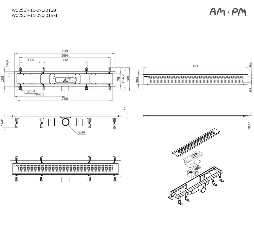 Душевой лоток Am.Pm PrimeFlow W02SC-P11-070-01BM 70 см, комб.затвор, решетка черный матовый