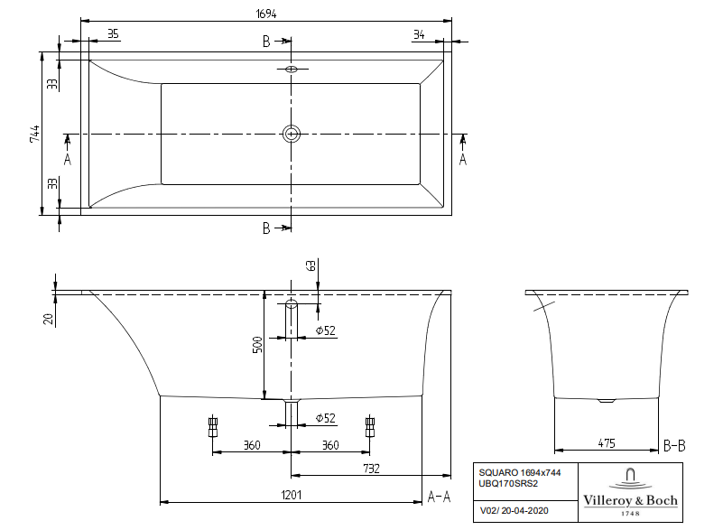 Квариловая ванна Villeroy&Boch Squaro 169x74 см, UBQ170SQS2V-01