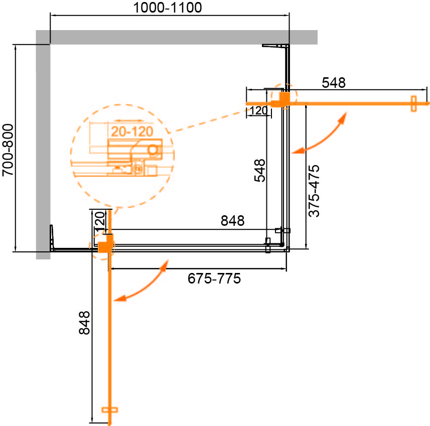 Душевой уголок Cezares Slider SLIDER-AH-2-70/80-100/110-GRIGIO-BORO 70/80x100/110 серое, брашированное золото