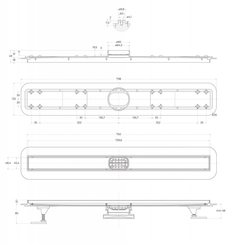 Душевой лоток Belbagno Luce BB-LD-LUCE-80-BIANCO 80 см, комб.затвор, решетка под плитку, белый матовый