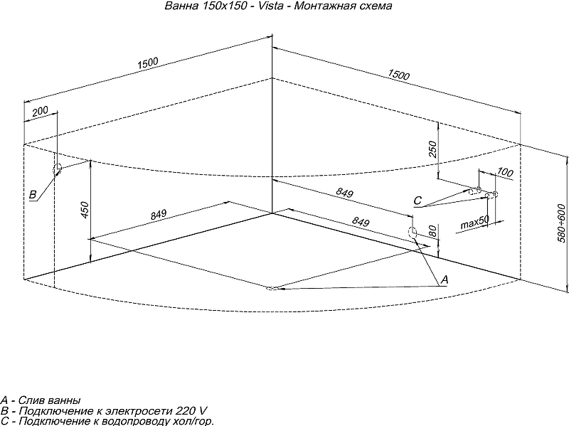 Акриловая ванна Aquanet Vista 150x150 см, 00254381