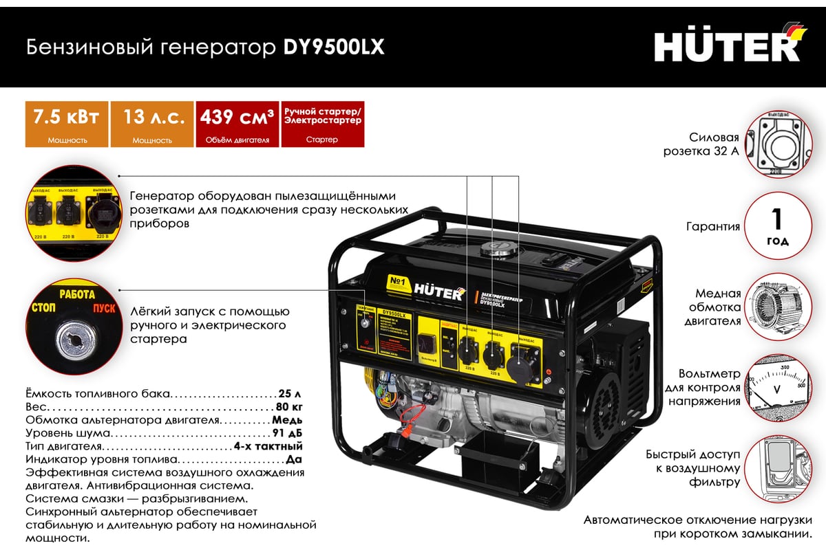 Электрогенератор Huter DY9500LX 64/1/40