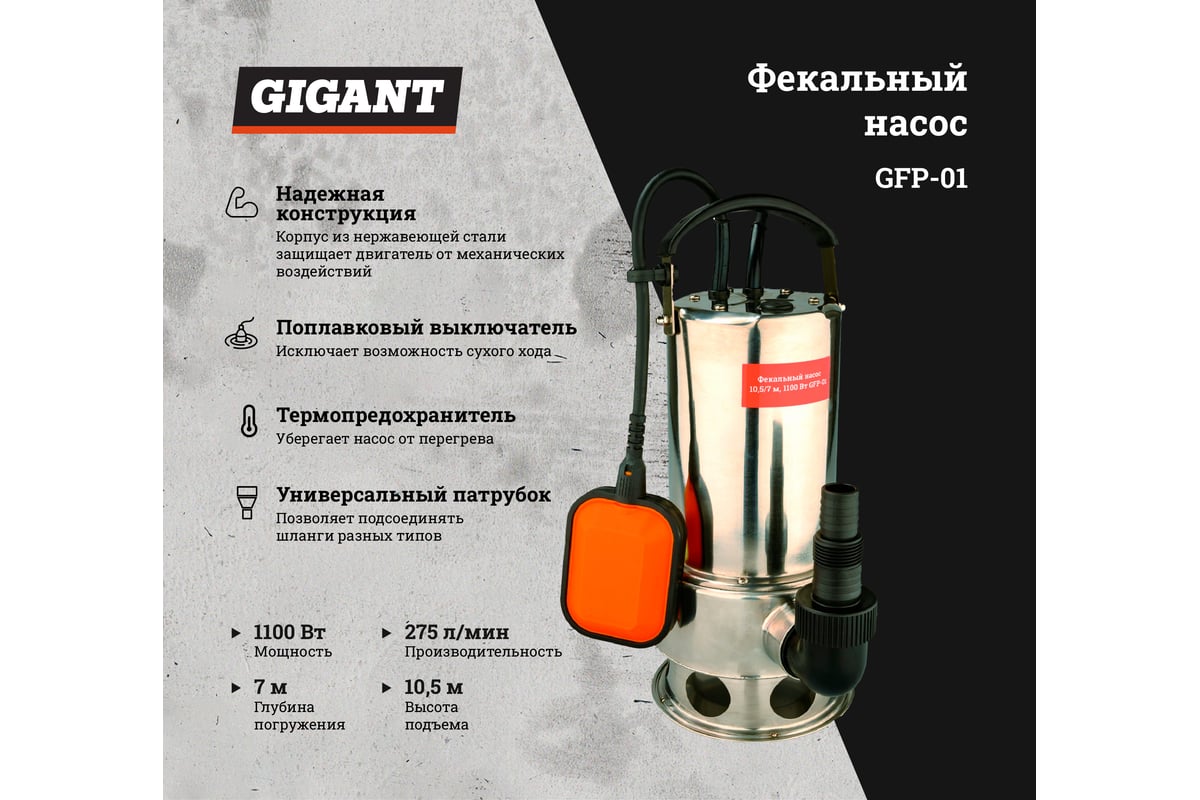 Фекальный насос 10,5/7 м, 1100 Вт Gigant GFP-01