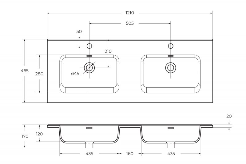 Раковина BelBagno 120 см BB1200-2-ETL