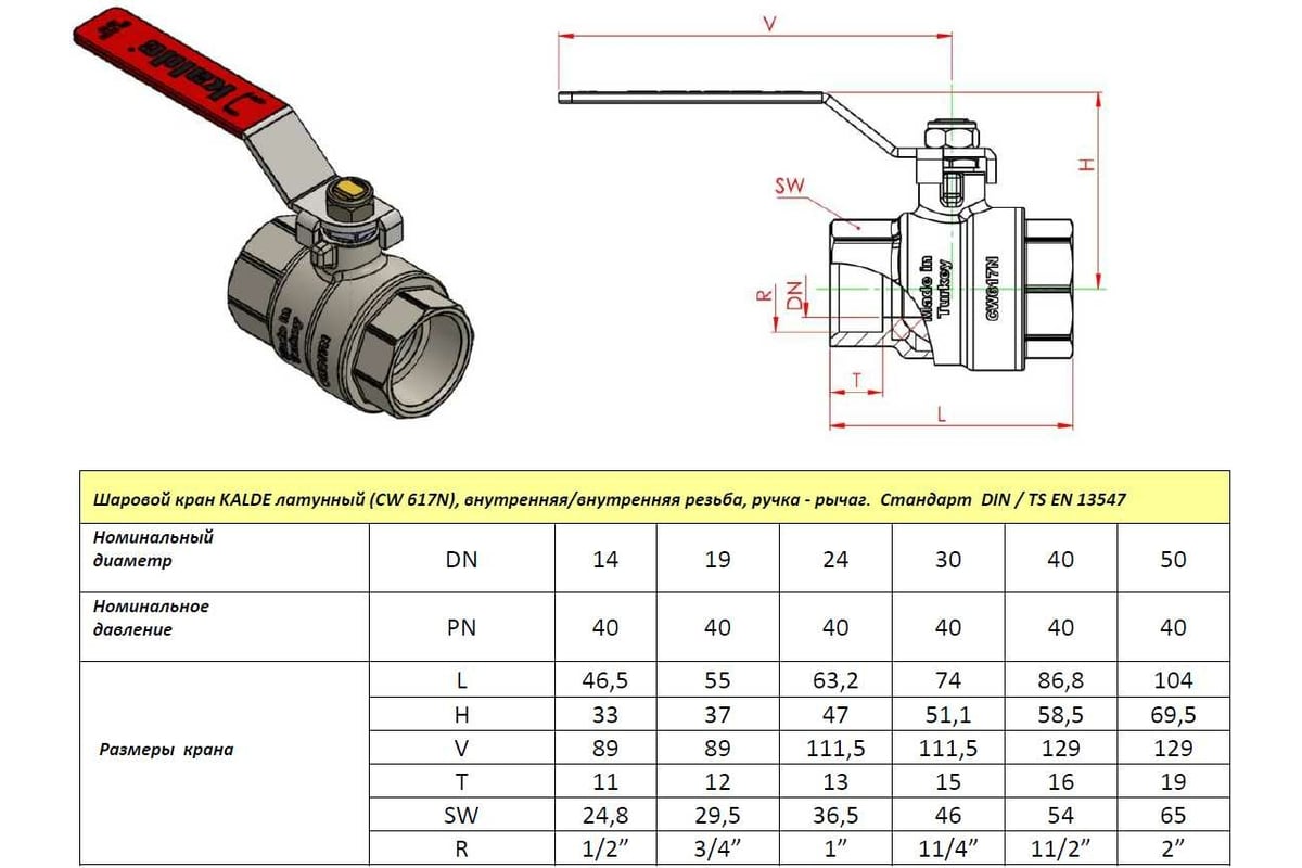 Шаровой кран Kalde полнопроходной, 1 1/4 вн/вн, ручка рычаг 0KV4823