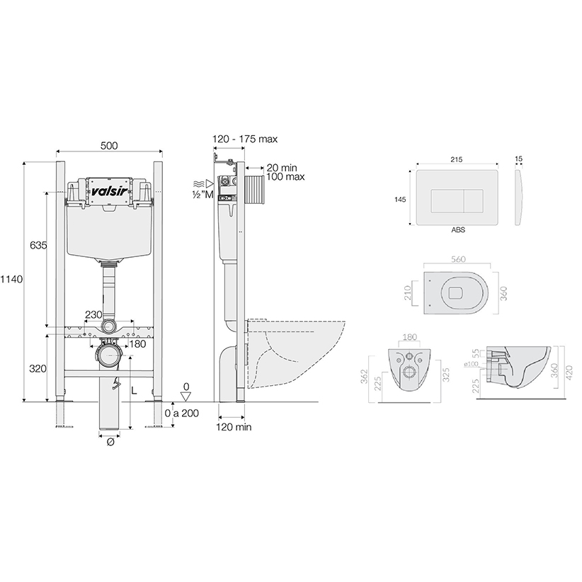 Подвесной унитаз с инсталляцией Valsir Winner S KIT VSMG 7317NEMT Slim P1, 4в1, кнопка золото матовое