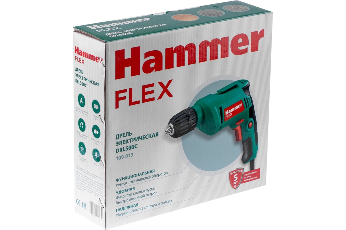 Дрель Hammer Flex 500 Вт, 10 мм, БЗП, 0-3200 об/мин, реверс DRL500C