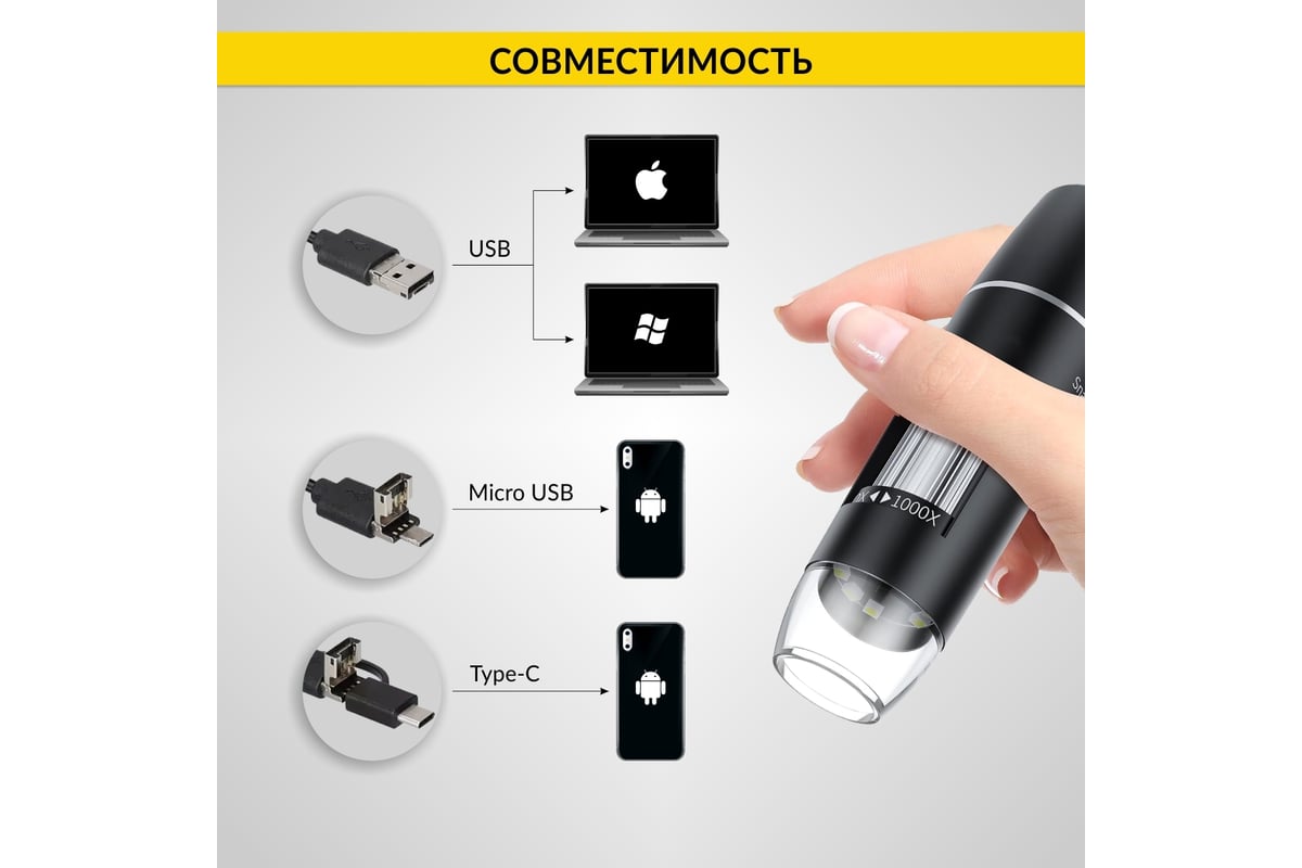 Цифровой микроскоп iCartool USB/Micro-USB/Type-C, 2Мп, 1000X, 1920x1080, 1.5м IC-V317