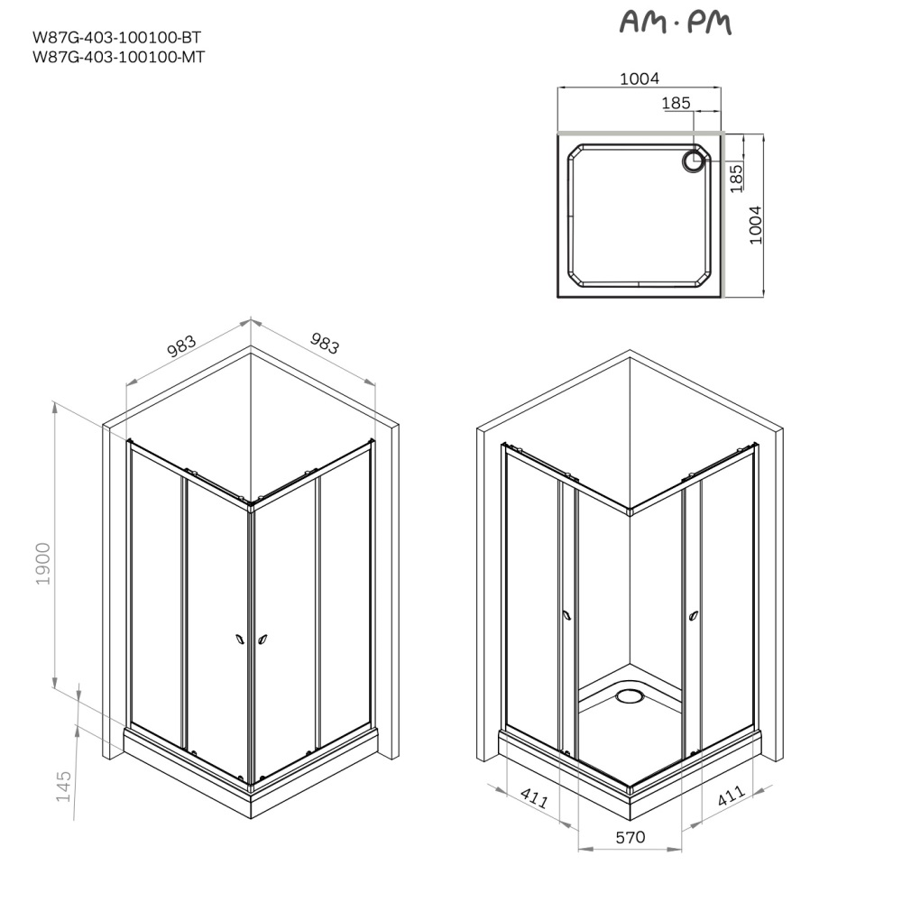 Душевой уголок Am.Pm Sunny W87G-403-100100-MT 100x100 прозрачный, хром матовый