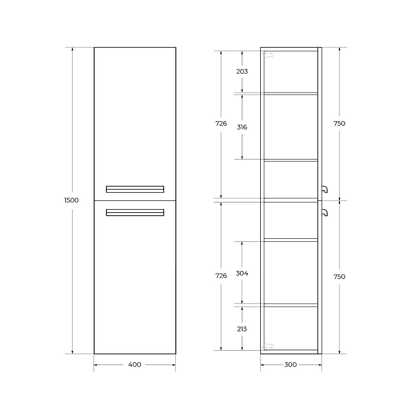 Шкаф пенал Cezares Eco 40 см Bianco Lucido ECO-1500-2A-SC-BL