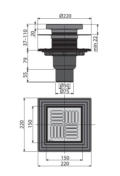 Трап для душа Alcaplast APV4444 150x150/50/75 выпуск прямой, гидрозатвор, сухой