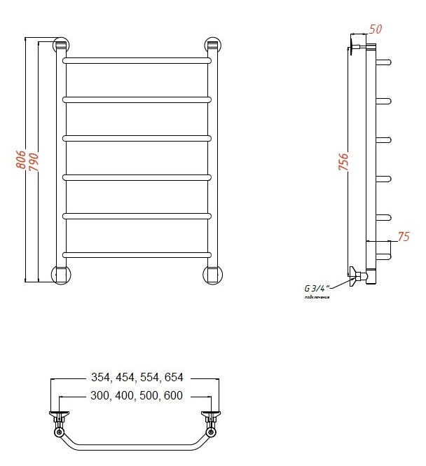 Полотенцесушитель водяной Aquanet Fiona 50x80 см