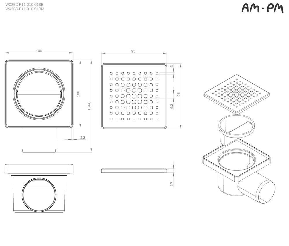 Душевой лоток Am.Pm PrimeFlow W02BD-P11-010-01BM 10 см, решетка черный матовый