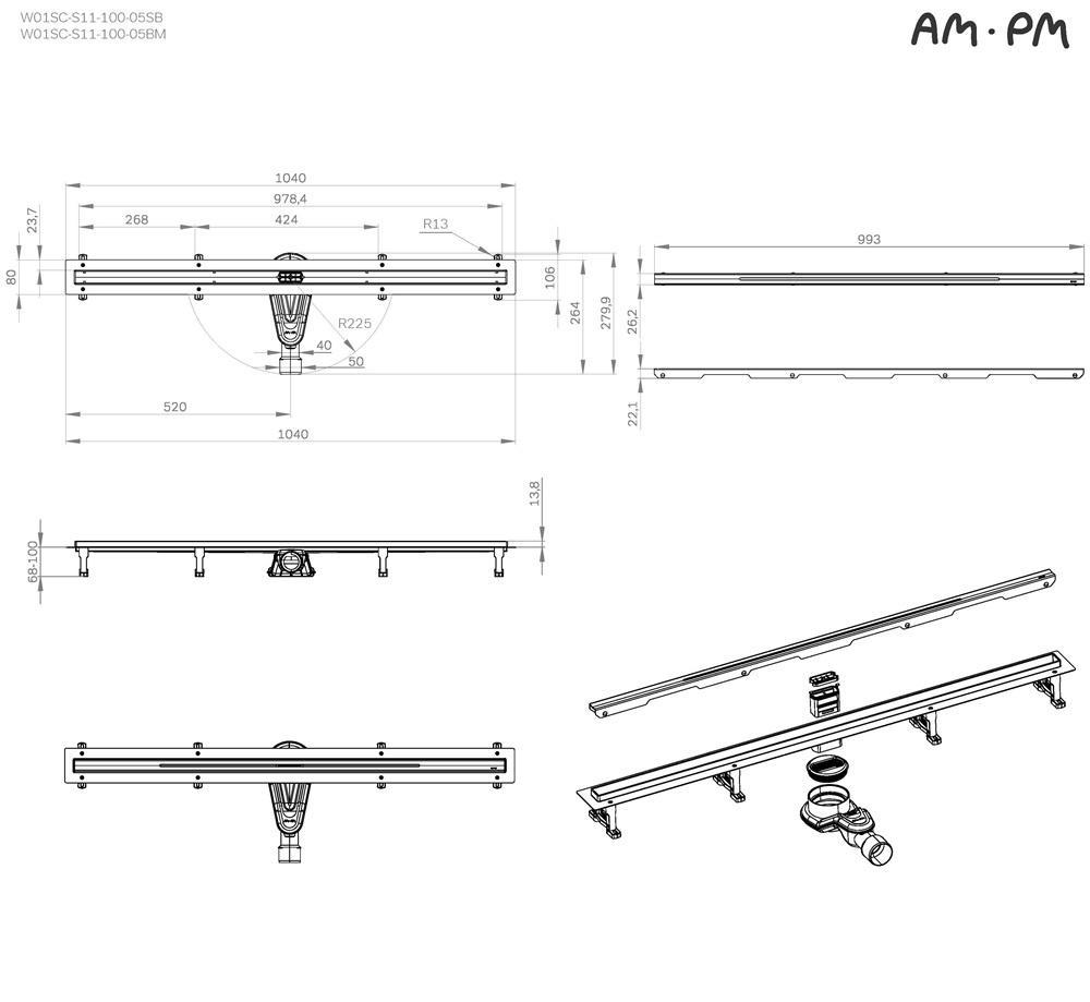 Душевой лоток Am.Pm MasterFlow W01SC-S11-100-05BM 100 см, комб.затвор, решетка Slim Line, черный матовый