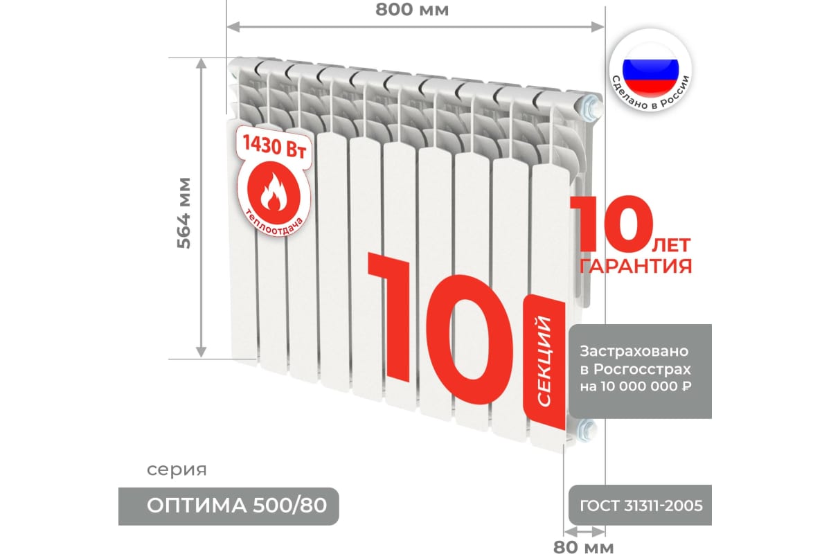 Алюминиевый радиатор Невинномысский радиаторный завод серия Оптима 10 секций, 500/80 4603335720610