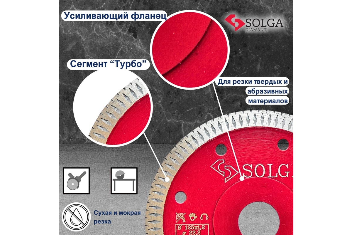 Диск алмазный HARD MATERIALS по керамограниту (125х22.23 мм) Solga Diamant 10302125