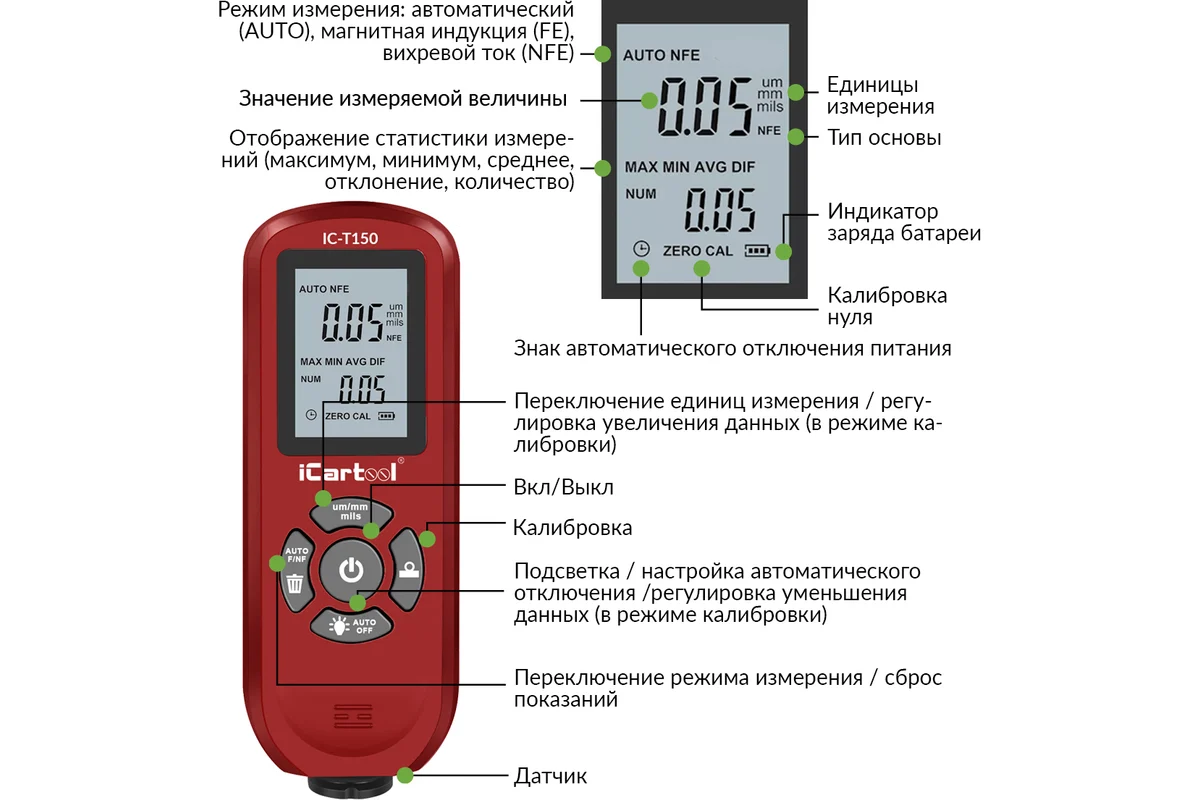 Толщиномер лакокрасочных покрытий iCartool Fe/NFe IC-T150