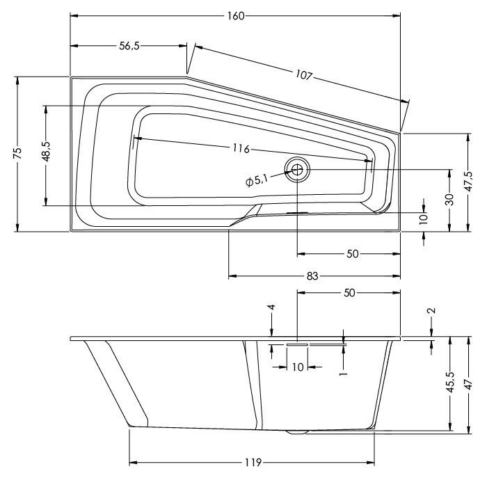 Акриловая ванна Riho Rethink Space 160x75 L белый глянец