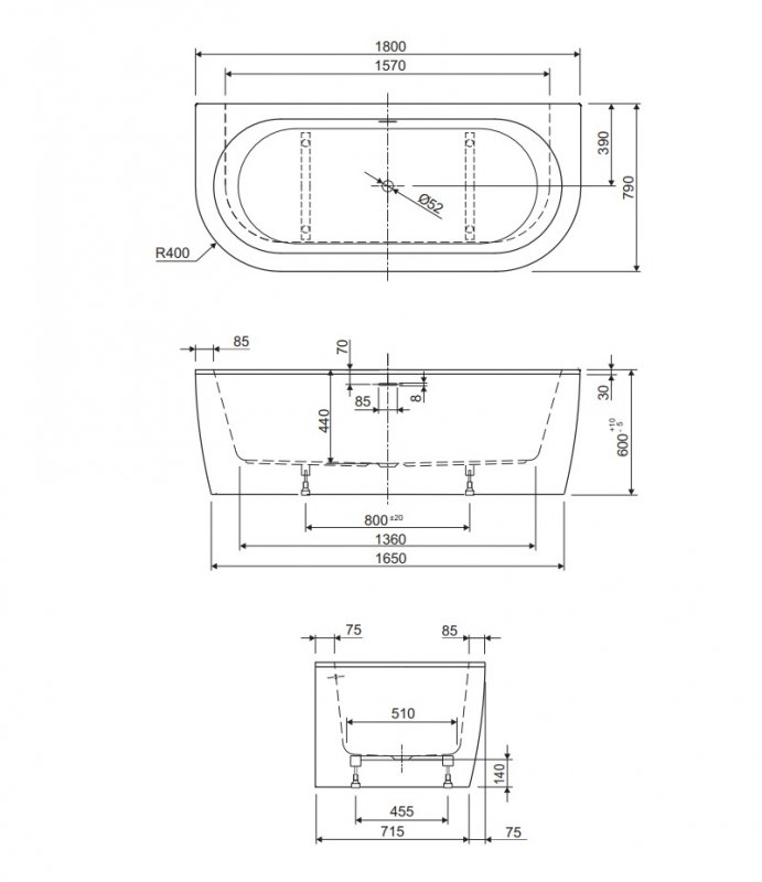 Акриловая ванна Cezares Slim Wall-180-80-60-W37-SET 180x79 белый