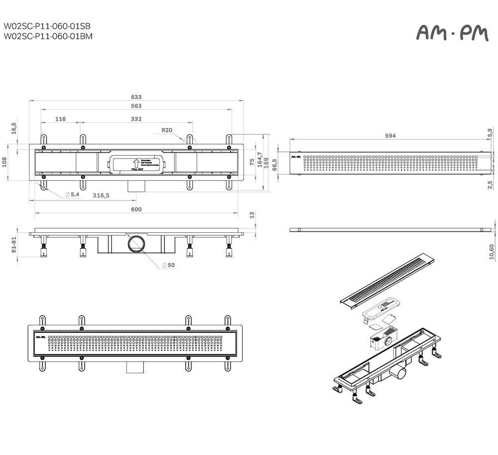 Душевой лоток Am.Pm PrimeFlow W02SC-P11-060-01SB 60 см, комб.затвор, решетка хром матовый