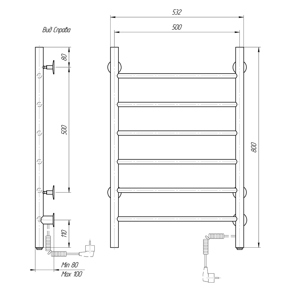 Полотенцесушитель электрический Domoterm Классик DMT 109-6 50x80 EK ТЭН справа, черный