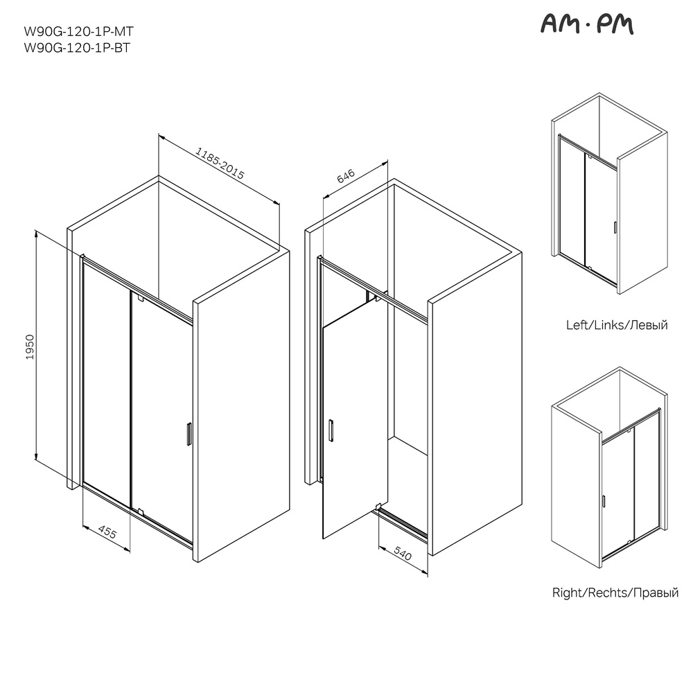 Душевая дверь Am.Pm Gem W90G-120-1P-MT 120x195 прозрачное, хром матовый