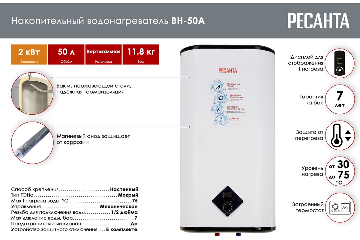 Накопительный водонагреватель Ресанта ВН-50А 74/5/14