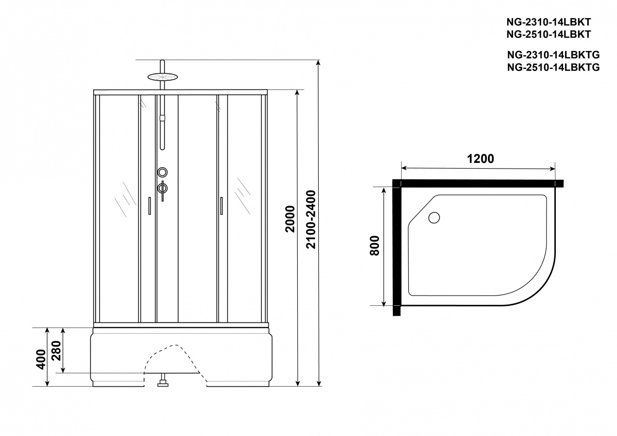 Душевая кабина Niagara NG 2310-14LBKT 120x80 стекло матовое, без крыши, тропический душ